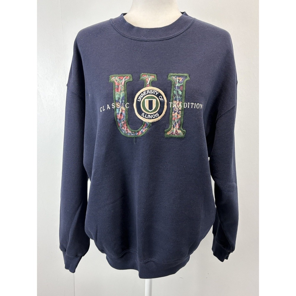 Women's Vtg University Of Illinois Sweatshirt Sz XL Navy Floral 90's Grandma